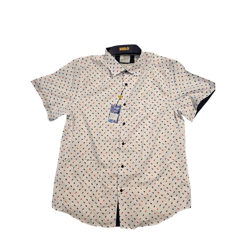 Suslo Couture Mens 3XL Slim Fit‎ Short Sleeve Button Down Shirt White  NWT